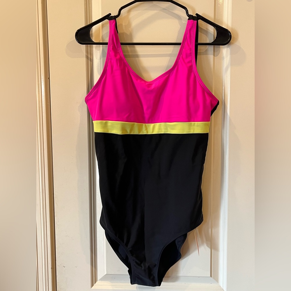 Neon pink yellow and black one piece swimsuit removable pads Large NWT SWIMSUITS